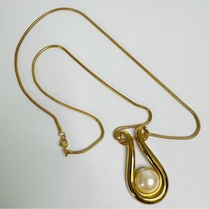 Monet Gold Plated Lyre Teardrop Pendant Necklace Faux Pearl Vintage Modernist